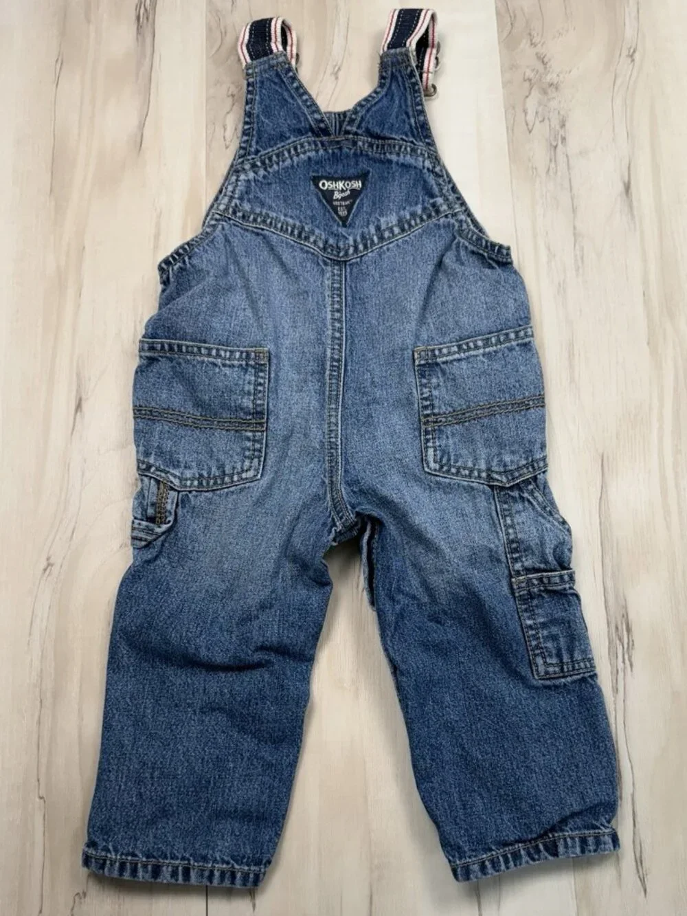 OSHKOSH B'GOSH Kids 9-12M Denim OVERALLS Striped Canvas Straps Conductor EUC